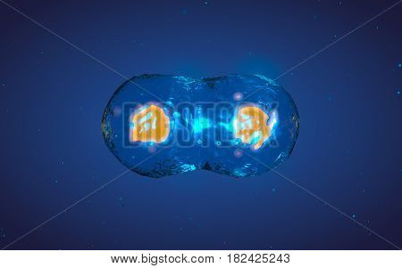 Abstract medical 3D illustration of a cell division process. Yellow core inside liquid transparent shell on blue background with microscopic particles