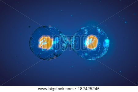 Abstract medical 3D illustration of a cell division process. Yellow core inside liquid transparent shell on blue background with microscopic particles