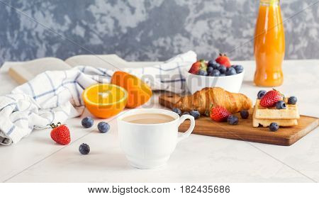 Morning Coffee Mug With Croissant, Viennese Wafer, Juice And Fresh Berries, Cozy And Tasty Breakfast