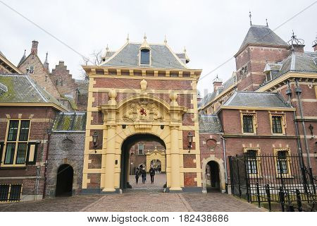 THE HAGUE THE NETHERLANDS - MARCH 4 2017: The Hague's Binnenhof with the Hofvijver in the Hague the Netherlands.