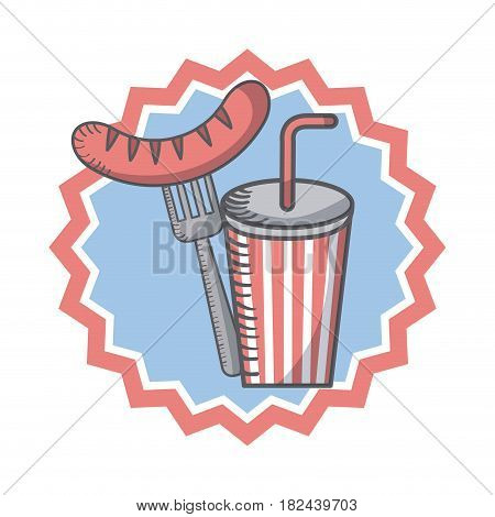 seal stamp with sausage and fork and drink icon over white background. usa indepence day concept. colorful design. vector illustration