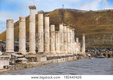ancient street and columns in archaeological site Scythopolis, Beit Shean National Park, Israel