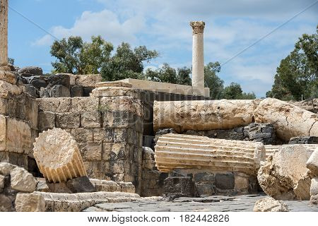 ancient street and columns in archaeological site Scythopolis, Beit Shean National Park, Israel