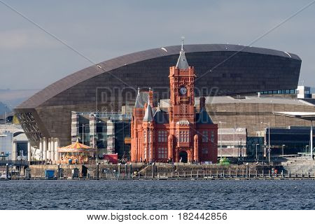 CARDIFF, UK - 12 APRIL 2017 Pierhead Building and Wales Millenium Centre in Cardiff. Grade I listed building of the National Assembly for Wales in Cardiff Bay Wales UK