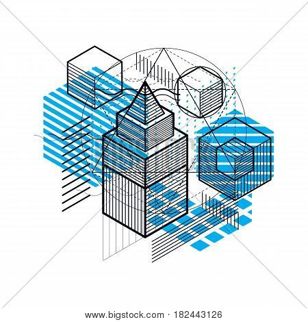 Isometric linear abstract vector background lined abstraction. Cubes hexagons squares rectangles and different abstract elements.