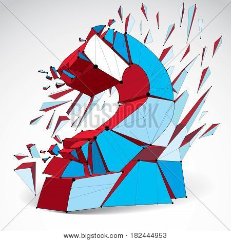 Vector dimensional wireframe number 2 colorful demolished digit with fragments. 3d mesh technology element broken into pieces.