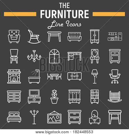 Furniture line icon set, interior symbols collection, vector sketches, logo illustrations, linear pictograms package isolated on black background, eps 10.