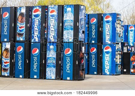 Fort Wayne - Circa April 2017: Pepsi and PepsiCo Vending Machines Awaiting Repair. Pepsi is one of the largest beverage producers in the world IV