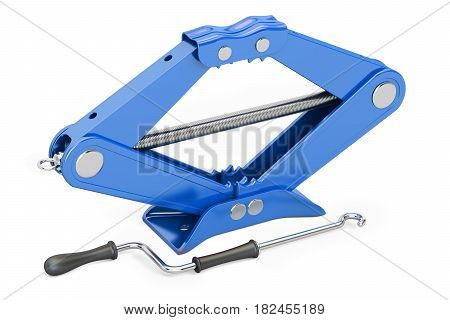 Blue scissor jack car lifter. 3D rendering isolated on white background