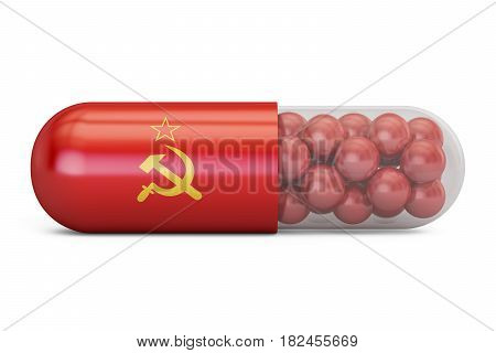 Pill capsule with Soviet Union flag. USSR health care concept 3D rendering