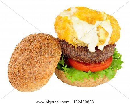 Mac and cheese beefburger sandwich isolated on a white background