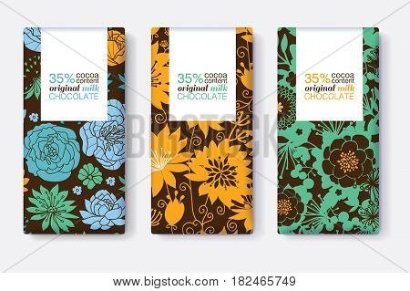 Vector Set Of Chocolate Bar Package Designs With Blue, Yellow, and Green Floral Patterns. Rectangle frame. Editable Packaging Template Collection. Packaging and Surface pattern design.