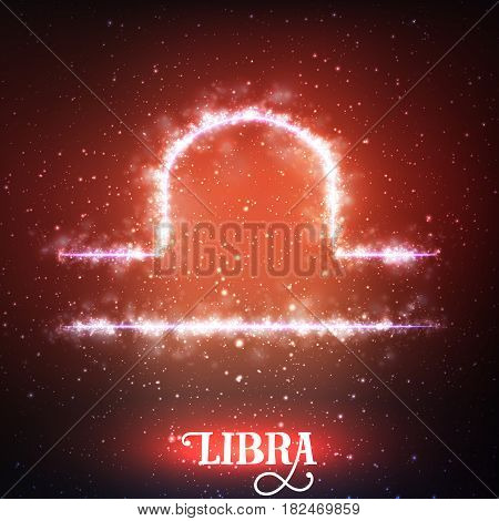 Vector abstract zodiac sign Libra on a dark red background of the space with shining stars. Nebula in form of zodiac sign Libra. Abstract glowing zodiac sign Libra, The Scales greek: Zygos