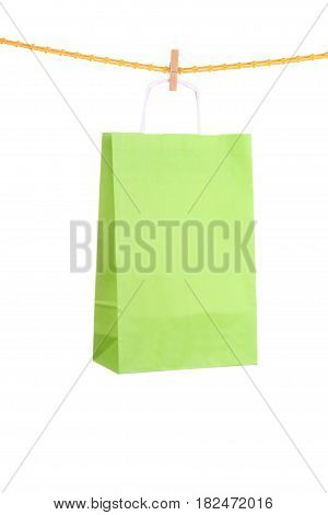 Shopping celadon green gift bags isolated on white background