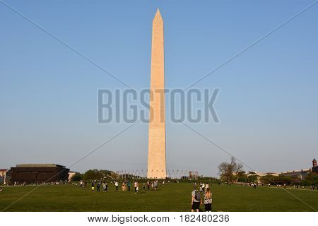 WASHINGTON, DC - APR 15: Washington Monument in Washington, DC, as seen on April 15, 2017. It was built to commemorate George Washington, once commander-in-chief of the Continental Army and the first President of the United States.