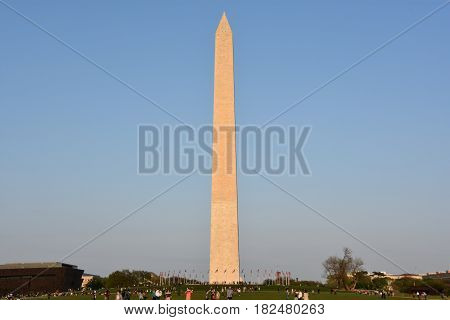 WASHINGTON, DC - APR 15: Washington Monument in Washington, DC, as seen on April 15, 2017. It was built to commemorate George Washington, once commander-in-chief of the Continental Army and the first President of the United States.