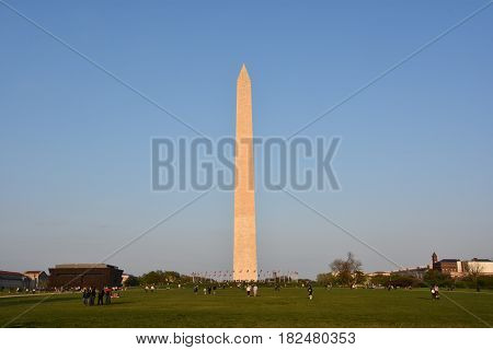 WASHINGTON, DC - APR 15: Washington Monument in Washington, DC, as seen on April 15, 2017. It was built to commemorate George Washington, once commander-in-chief of the Continental Army and the first President of the United States.