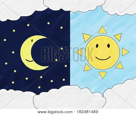 Abstract hand draw doodle moon on night sky and sun smile on sky background illustration copy space for text watercolor paint style digital art cartoon style day and night concept