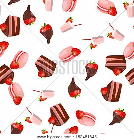 Very high quality original trendy vector seamless pattern with a strawberry in chocolate and macaroons