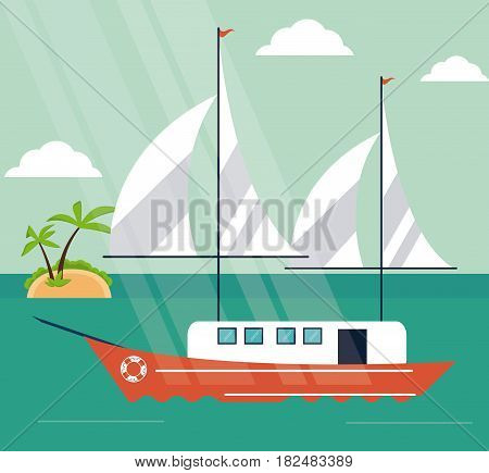 boat cloud island ship sea ocen transportation icon. Colorful and flat design. Green landscape background. Vector illustration
