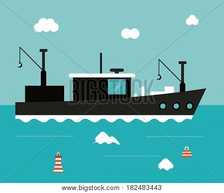 boat ship clouds sea ocen transportation icon. Colorful and flat design. Blue background. Vector illustration
