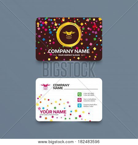 Business card template with confetti pieces. Drone icon. Quadrocopter with remote control symbol. Phone, web and location icons. Visiting card  Vector