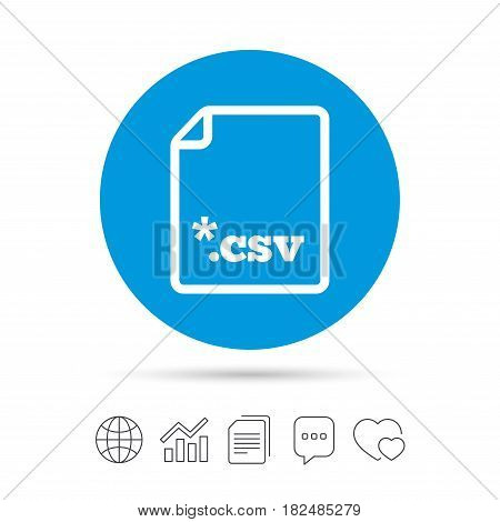 File document icon. Download tabular data file button. CSV file extension symbol. Copy files, chat speech bubble and chart web icons. Vector