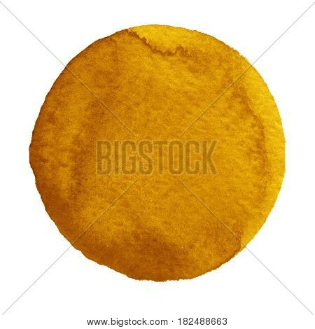 Watercolor abstract yellow lemon curry circle isolated on white background. Modern spot of round shape painted in watercolor in shades of apricot honey and merigold colors. Trendy watercolour texture