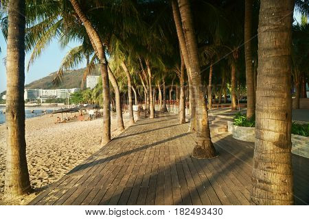 Morning tourist embankment with palm trees along the beach at Dadonghai Bay on Hainan Island, China
