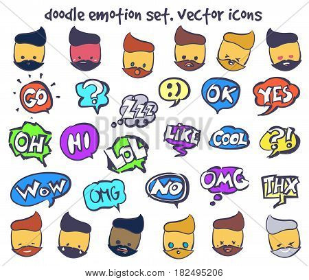 Doodle emotion face and speech clouds icons. Vector set on white background. Stock illustration