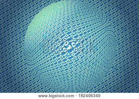 Transparent sphere on blue binary code background