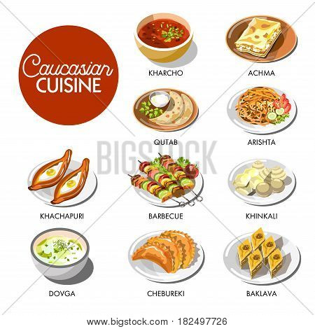 Vector illustration of the Caucasian cuisine menu with the dishes mockup.