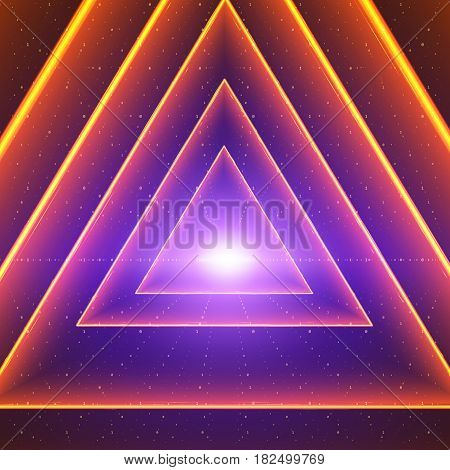Vector data flow visualization. Triangle glowing tunnel of colorful big data flow as binary strings. Cyber world of code. Cryptographic analysis. Bitcoin blockchain transfer. Information stream
