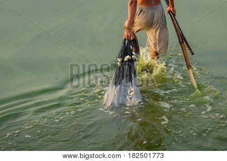 Burma People Fisherman at U Bein Bridge Mandalay Myanmar This life in morning time that