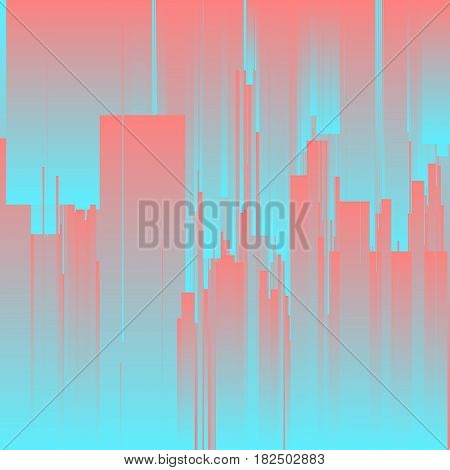 Vector glitch background. Futuristic city, abstract scyscrapers. Digital image data distortion. Colorful abstract background for your designs. Chaos aesthetics of signal error. Digital decay.