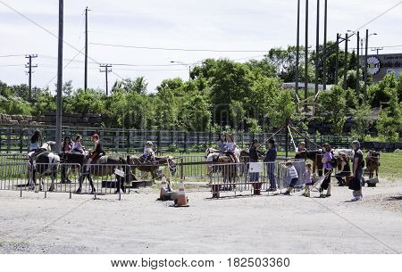 Laval, Quebec - June 14, 2015 - Wide view of happy children riding on the live Pony Ride in the Nature Park, Laval, Quebec on a sunny day in June.