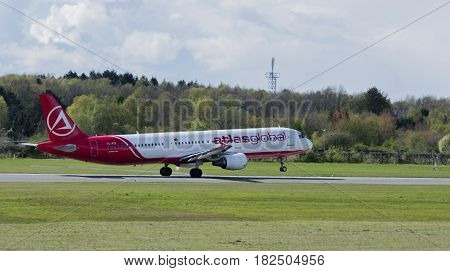 Germany - Hamburg, April 17, 2017: atlasglobal aircraft at the start on the runway Hamburg airport -  Hamburg Airport April 17, 2017