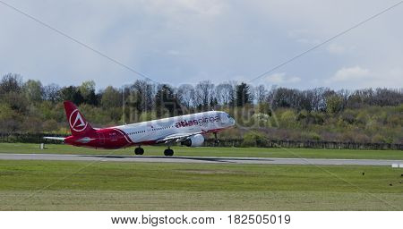 Germany - Hamburg, April 17, 2017: atlasglobal aircraft at the start on the runway Hamburg airport -  Hamburg Airport April 17, 2017
