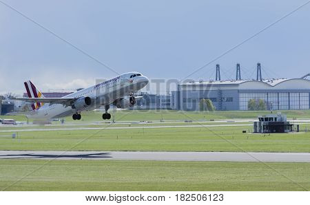 Germany - Hamburg, April 17, 2017: germanwings aircraft at the start on the runway Hamburg airport -  Hamburg Airport April 17, 2017