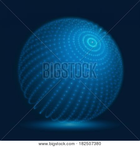 Vector cyber sphere. Blue big data sphere with binary numbers strings. Information code structure representation. Cryptographic analysis. Bitcoin blockchain transfer.