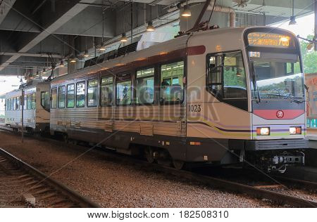 HONG KONG - NOVEMBER 11, 2016: Light Rail Transit LRT train. LTR is a light rail system in Hong Kong, serving the New Territories West, within Tuen Mun District and Yuen Long District.