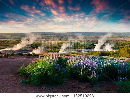 Erupting of the Great Geysir lies in Haukadalur valley on the slopes of Laugarfjall hill. Foggu summer morning in Southwestern Iceland Europe. Artistic style post processed photo.