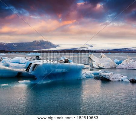 Floating of blue icebergs in Jokulsarlon glacial lagoon. Colorful sunset in Vatnajokull National Park southeast Iceland Europe. Artistic style post processed photo.