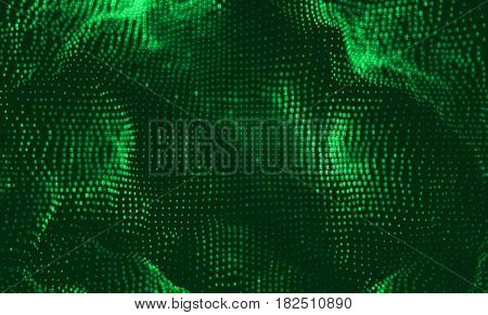 Vector abstract big data visualization. Green glowing data flow as binary numbers. Computer code representation. Cryptographic analysis, hacking. Bitcoin, blockchain transfer. Pattern of program code