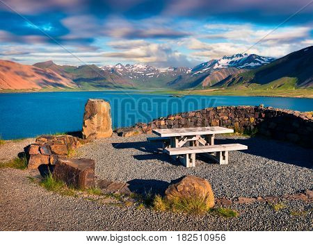 Resting place in the beautiful Icelandic fjords. Colorful summer morning near the small town Grundarfjordur Snaefellsnes peninsula Iceland Europe. Artistic style post processed photo.