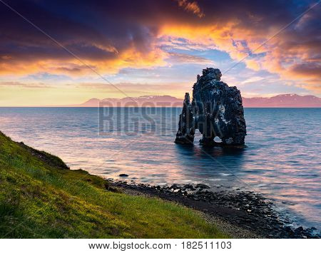 Huge basalt stack Hvtserkur on the eastern shore of the Vatnsnes peninsula. Colorful summer sunrise in northwest Iceland Europe. Artistic style post processed photo.