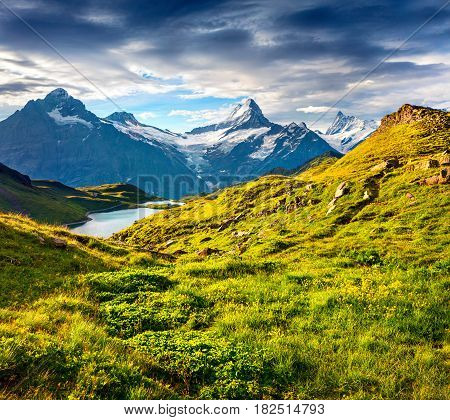 Wetterhorn and Wellhorn peaks over Bachsee lake. Colorful summer scene in Bernese Oberland Alps Grindelwald location Innertkirchen Switzerland Europe.