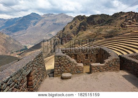 Inca structures in the urban sector of Pisac. Pisac is a Peruvian village in the Sacred Valley of the Incas.