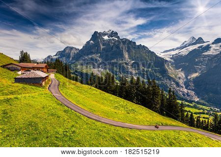 Colorful morning view of Grindelwald village valley from cableway. Wellhorn mountain located west of Innertkirchen in the Bernese Oberland Alps. Switzerland Europe.