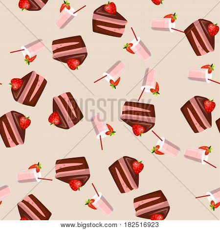 Very high quality original trendy vector seamless pattern with a strawberry chocolate cake and milkshake